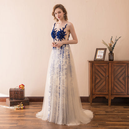 7-Day Dispatch Sleeveless Illusion Neckline Nude Tulle Blue Floral Embroidery A-Line Evening Gown Open Back Train Dress