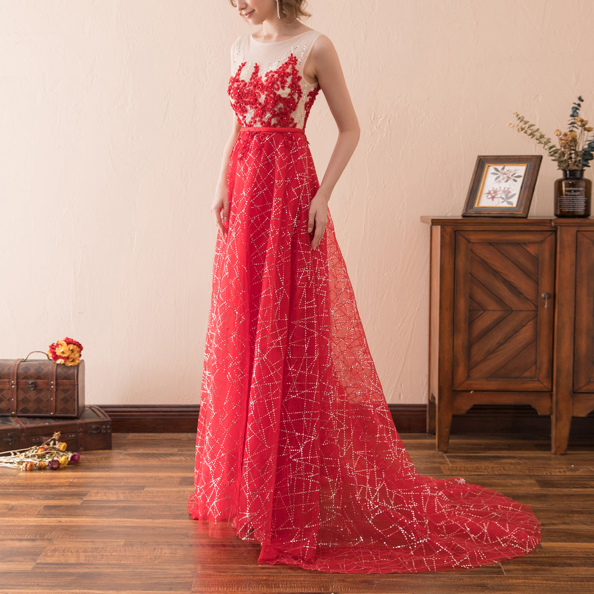 7-Day Dispatch Sleeveless Illusion Neckline Red Floral Applique Tulle Evening Gown Starry Beaded Sweep Train Formal Dress