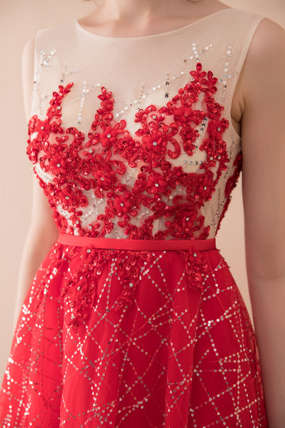 7-Day Dispatch Sleeveless Illusion Neckline Red Floral Applique Tulle Evening Gown Starry Beaded Sweep Train Formal Dress