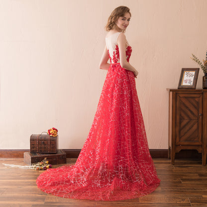 7-Day Dispatch Sleeveless Illusion Neckline Red Floral Applique Tulle Evening Gown Starry Beaded Sweep Train Formal Dress