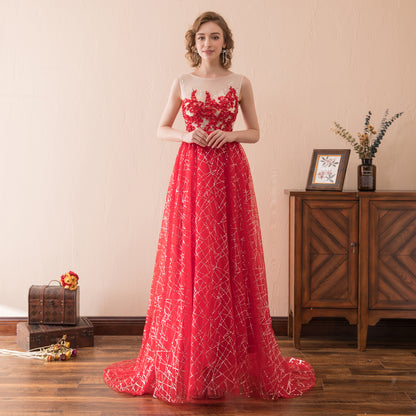 7-Day Dispatch Sleeveless Illusion Neckline Red Floral Applique Tulle Evening Gown Starry Beaded Sweep Train Formal Dress