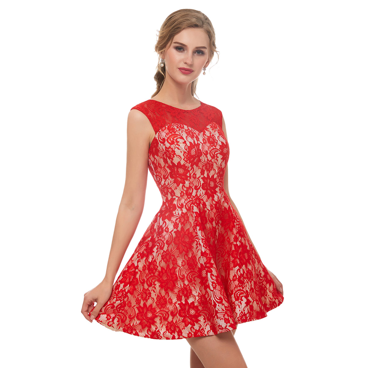 7-Day Dispatch Sleeveless Illusion Neckline Red Lace Short Cocktail Dress Deep V-Back A-Line Party Dress