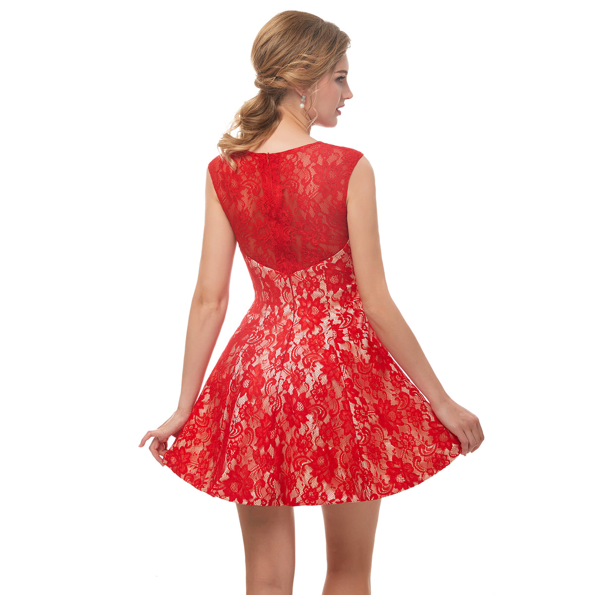 7-Day Dispatch Sleeveless Illusion Neckline Red Lace Short Cocktail Dress Deep V-Back A-Line Party Dress