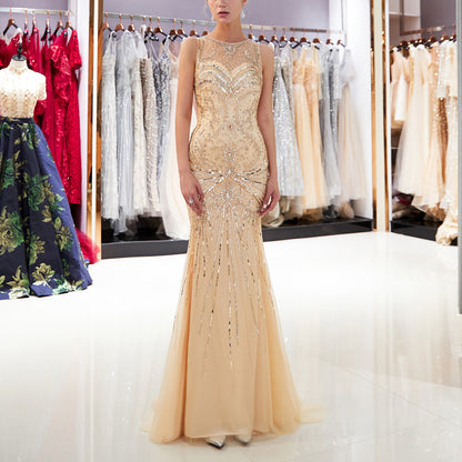 7-Day Dispatch Sleeveless Illusion Round Neck Heavy Beaded Mermaid Gown Two Colors (Champagne & Silver) Keyhole Back Sheer Tulle Train Dress
