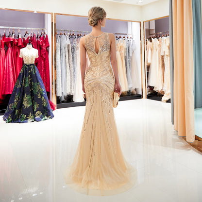 7-Day Dispatch Sleeveless Illusion Round Neck Heavy Beaded Mermaid Gown Two Colors (Champagne & Silver) Keyhole Back Sheer Tulle Train Dress