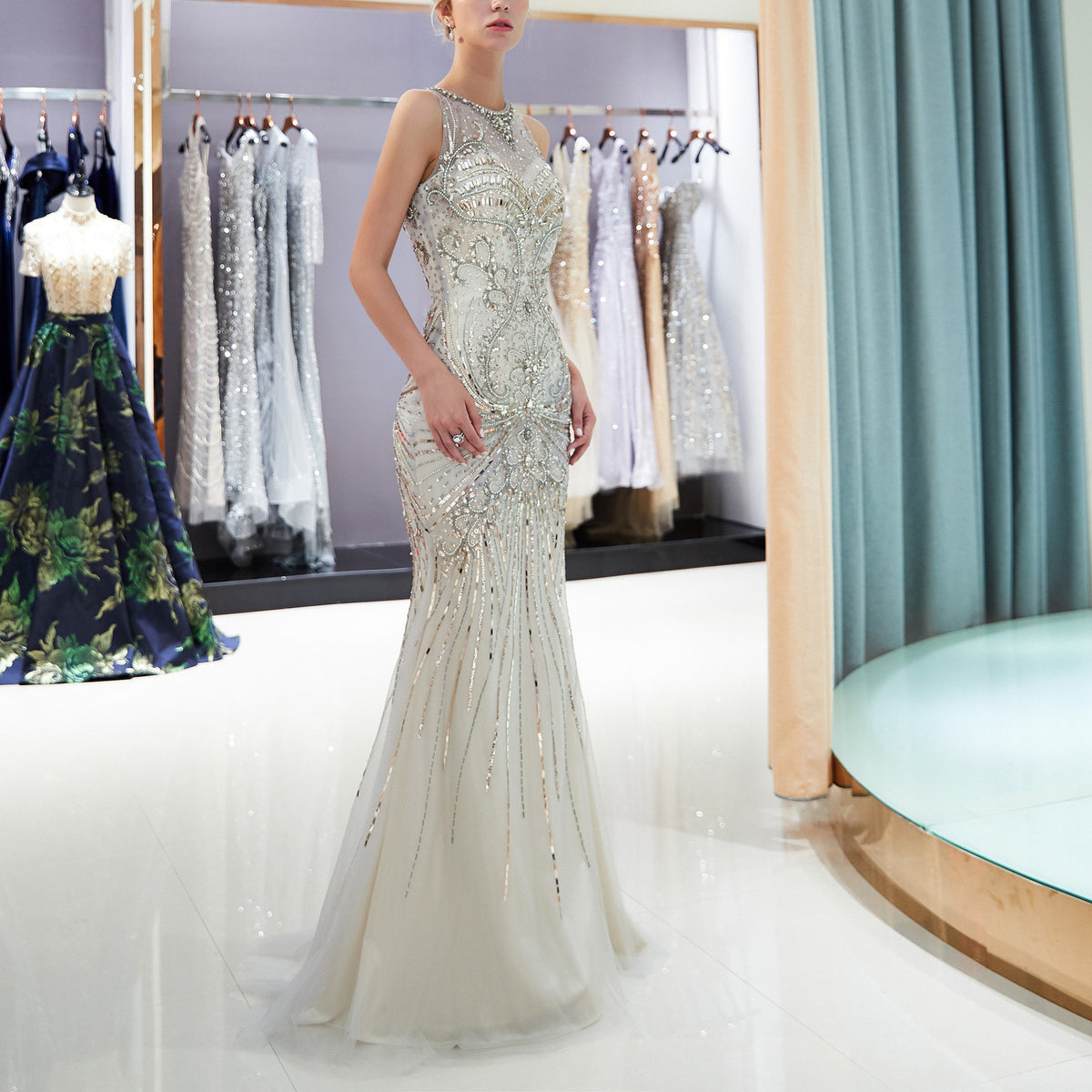 7-Day Dispatch Sleeveless Illusion Round Neck Heavy Beaded Mermaid Gown Two Colors (Champagne & Silver) Keyhole Back Sheer Tulle Train Dress