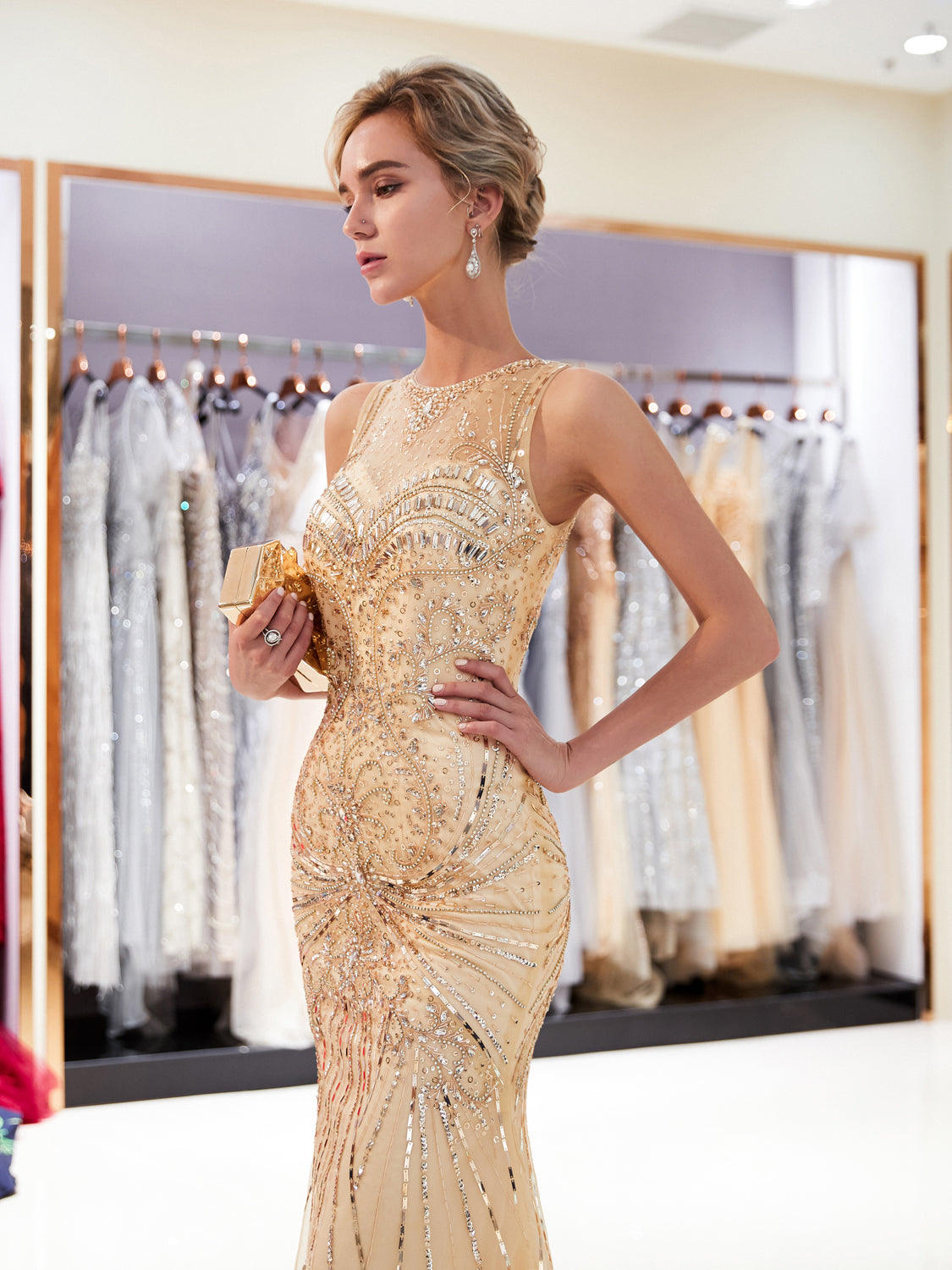 7-Day Dispatch Sleeveless Illusion Round Neck Heavy Beaded Mermaid Gown Two Colors (Champagne & Silver) Keyhole Back Sheer Tulle Train Dress