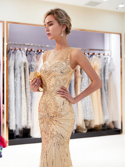 7-Day Dispatch Sleeveless Illusion Round Neck Heavy Beaded Mermaid Gown Two Colors (Champagne & Silver) Keyhole Back Sheer Tulle Train Dress
