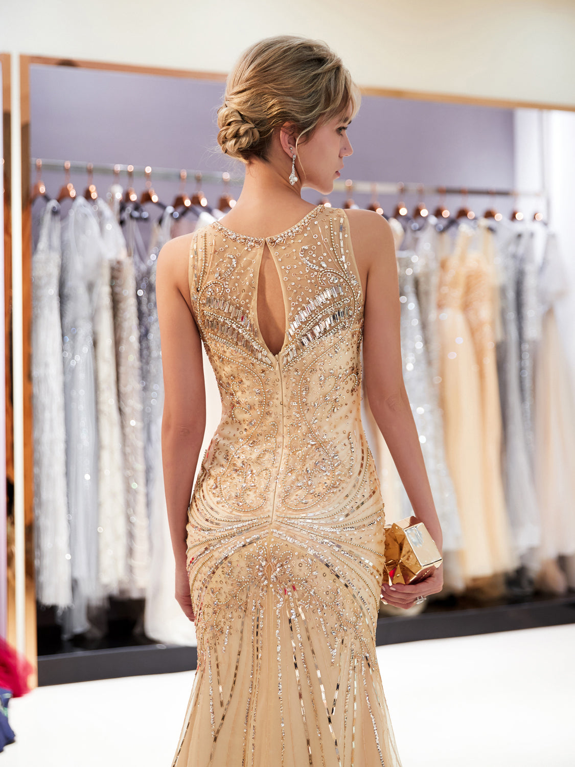 7-Day Dispatch Sleeveless Illusion Round Neck Heavy Beaded Mermaid Gown Two Colors (Champagne & Silver) Keyhole Back Sheer Tulle Train Dress