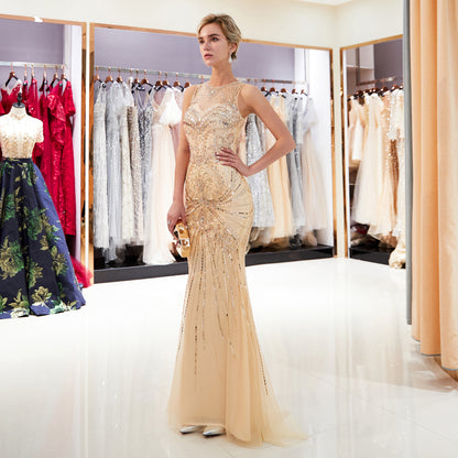 7-Day Dispatch Sleeveless Illusion Round Neck Heavy Beaded Mermaid Gown Two Colors (Champagne & Silver) Keyhole Back Sheer Tulle Train Dress