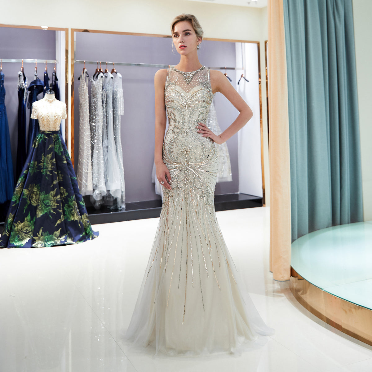 7-Day Dispatch Sleeveless Illusion Round Neck Heavy Beaded Mermaid Gown Two Colors (Champagne & Silver) Keyhole Back Sheer Tulle Train Dress