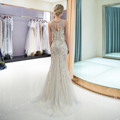 7-Day Dispatch Sleeveless Illusion Round Neck Heavy Beaded Mermaid Gown Two Colors (Champagne & Silver) Keyhole Back Sheer Tulle Train Dress