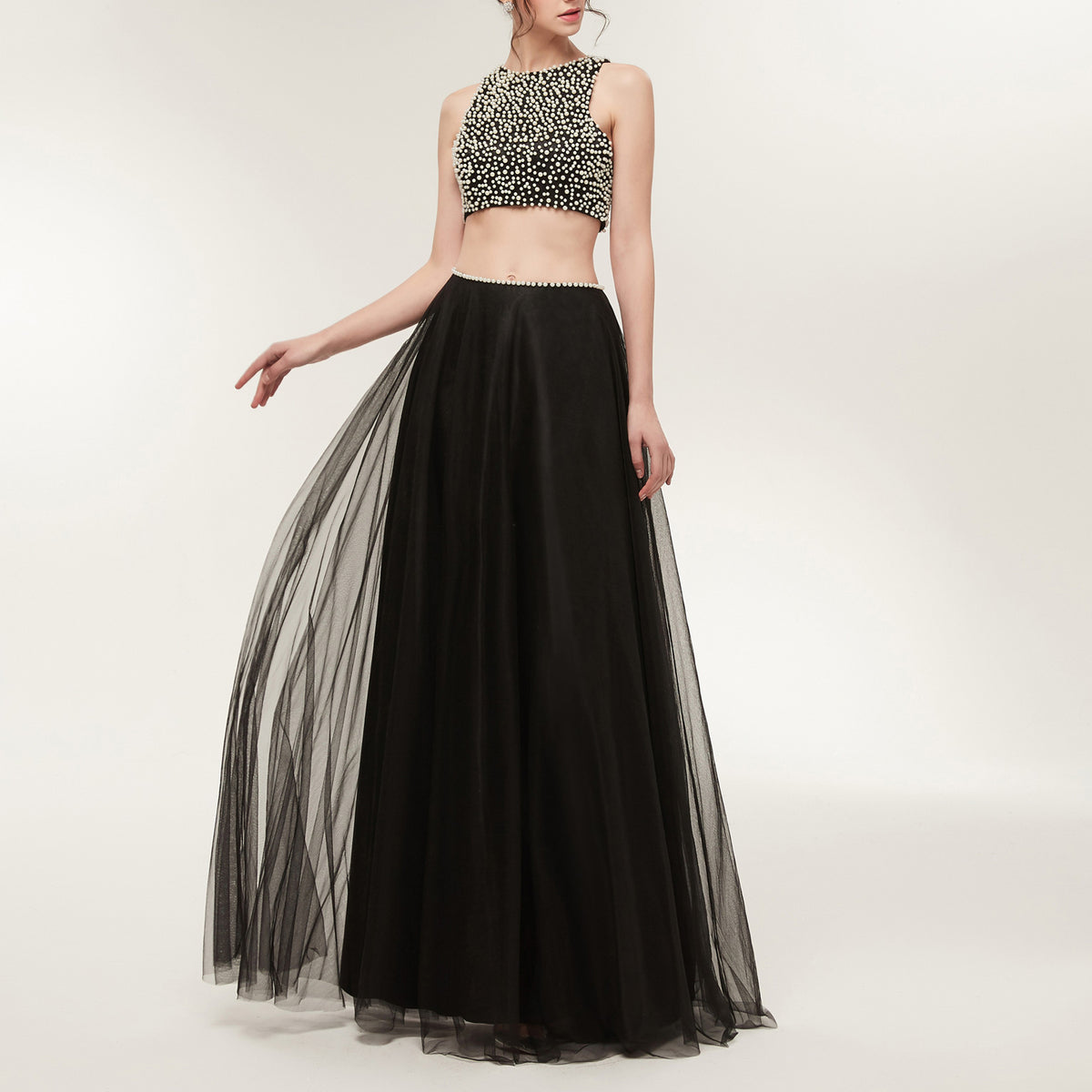 7-Day Dispatch Sleeveless Pearl Beaded Black Two-Piece Prom Dress Tulle Skirt Open Back Cutout Formal Gown