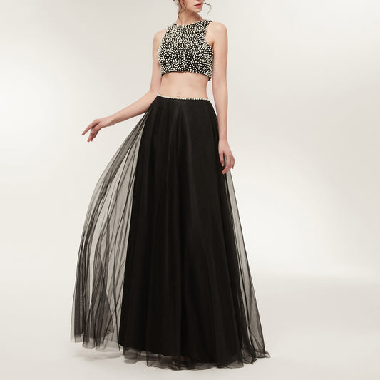 7-Day Dispatch Sleeveless Pearl Beaded Black Two-Piece Prom Dress Tulle Skirt Open Back Cutout Formal Gown