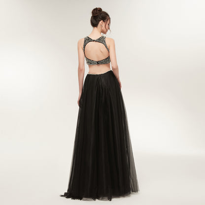 7-Day Dispatch Sleeveless Pearl Beaded Black Two-Piece Prom Dress Tulle Skirt Open Back Cutout Formal Gown