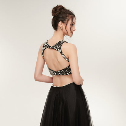 7-Day Dispatch Sleeveless Pearl Beaded Black Two-Piece Prom Dress Tulle Skirt Open Back Cutout Formal Gown