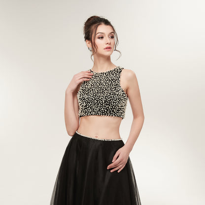 7-Day Dispatch Sleeveless Pearl Beaded Black Two-Piece Prom Dress Tulle Skirt Open Back Cutout Formal Gown