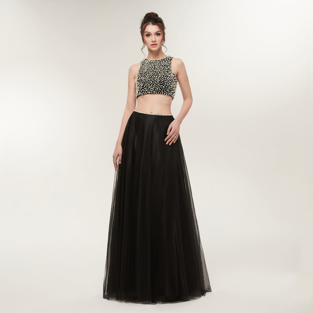 7-Day Dispatch Sleeveless Pearl Beaded Black Two-Piece Prom Dress Tulle Skirt Open Back Cutout Formal Gown