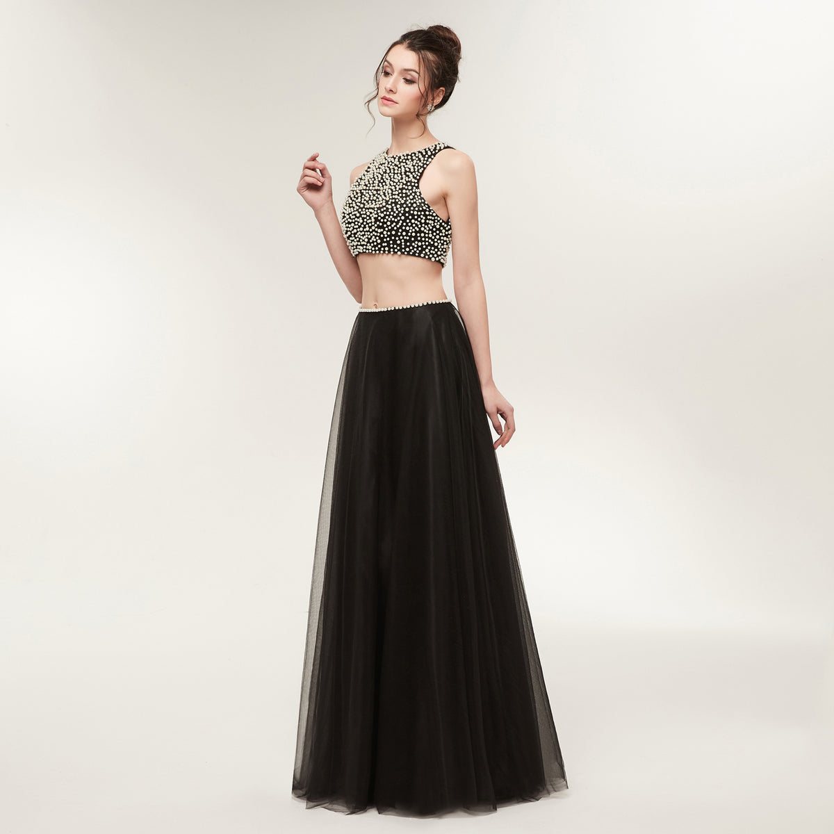 7-Day Dispatch Sleeveless Pearl Beaded Black Two-Piece Prom Dress Tulle Skirt Open Back Cutout Formal Gown