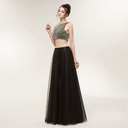 7-Day Dispatch Sleeveless Pearl Beaded Black Two-Piece Prom Dress Tulle Skirt Open Back Cutout Formal Gown