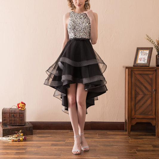 7-Day Dispatch Sleeveless Round Neck Beaded Bodice Black Tulle High-Low Dress Cutout Back Prom Gown