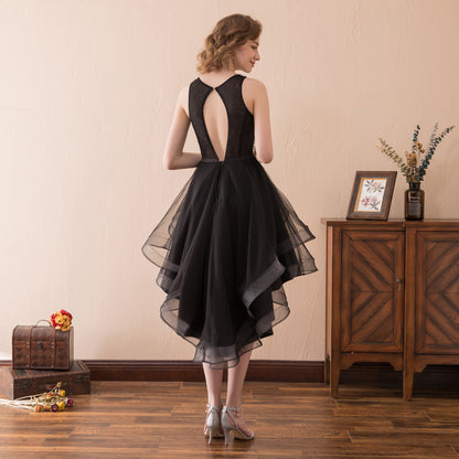 7-Day Dispatch Sleeveless Round Neck Beaded Bodice Black Tulle High-Low Dress Cutout Back Prom Gown