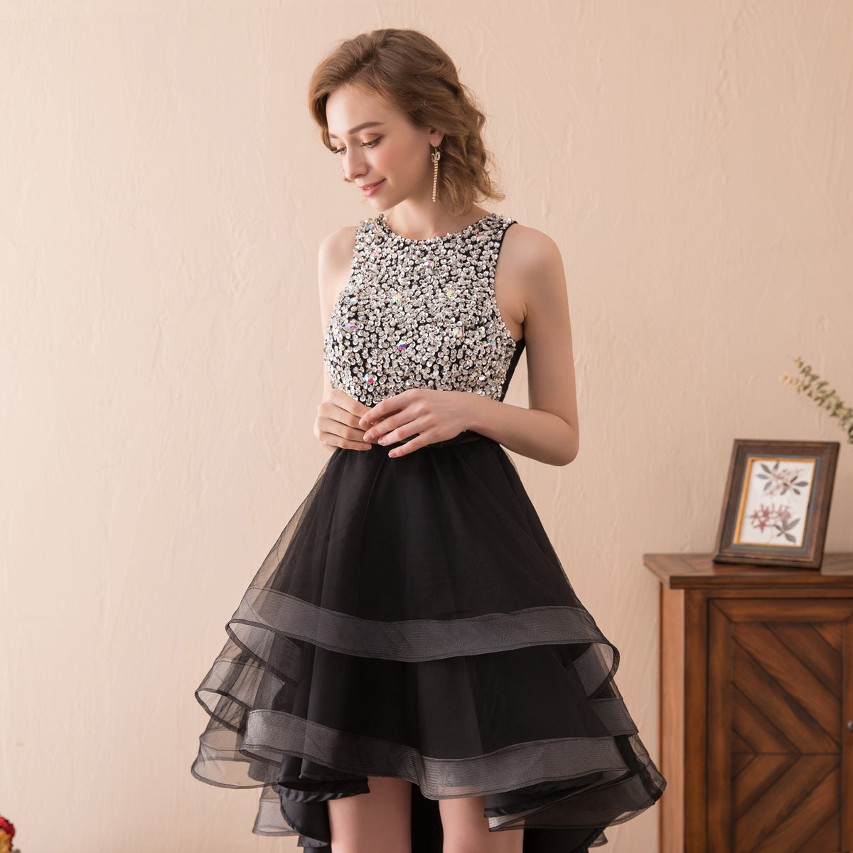 7-Day Dispatch Sleeveless Round Neck Beaded Bodice Black Tulle High-Low Dress Cutout Back Prom Gown