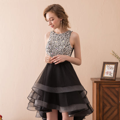 7-Day Dispatch Sleeveless Round Neck Beaded Bodice Black Tulle High-Low Dress Cutout Back Prom Gown
