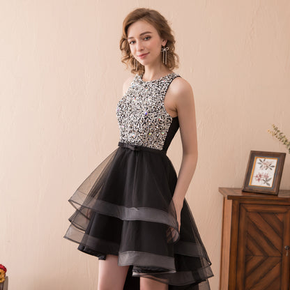 7-Day Dispatch Sleeveless Round Neck Beaded Bodice Black Tulle High-Low Dress Cutout Back Prom Gown
