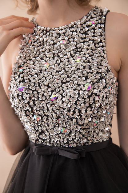 7-Day Dispatch Sleeveless Round Neck Beaded Bodice Black Tulle High-Low Dress Cutout Back Prom Gown