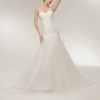 7-Day Dispatch Sleeveless V-Neck Beaded Strap White Tulle Mermaid Wedding Dress Lace-up Back Sweeping Train Bridal Gown