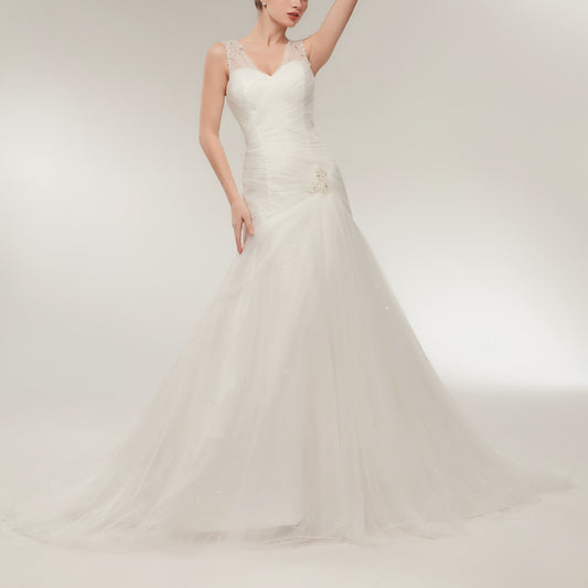 7-Day Dispatch Sleeveless V-Neck Beaded Strap White Tulle Mermaid Wedding Dress Lace-up Back Sweeping Train Bridal Gown