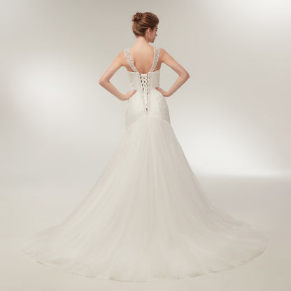 7-Day Dispatch Sleeveless V-Neck Beaded Strap White Tulle Mermaid Wedding Dress Lace-up Back Sweeping Train Bridal Gown