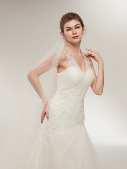 7-Day Dispatch Sleeveless V-Neck Beaded Strap White Tulle Mermaid Wedding Dress Lace-up Back Sweeping Train Bridal Gown