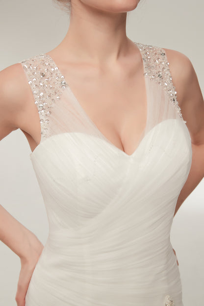 7-Day Dispatch Sleeveless V-Neck Beaded Strap White Tulle Mermaid Wedding Dress Lace-up Back Sweeping Train Bridal Gown