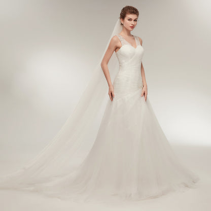 7-Day Dispatch Sleeveless V-Neck Beaded Strap White Tulle Mermaid Wedding Dress Lace-up Back Sweeping Train Bridal Gown