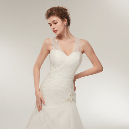 7-Day Dispatch Sleeveless V-Neck Beaded Strap White Tulle Mermaid Wedding Dress Lace-up Back Sweeping Train Bridal Gown
