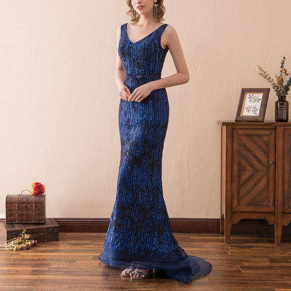 7-Day Dispatch Sleeveless V-Neck Navy Blue Beaded Lace Mermaid Evening Gown Lace-up Back Formal Dress