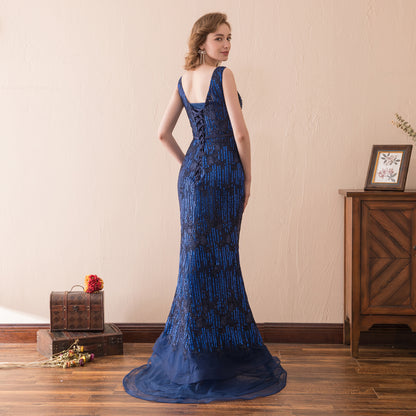 7-Day Dispatch Sleeveless V-Neck Navy Blue Beaded Lace Mermaid Evening Gown Lace-up Back Formal Dress