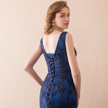 7-Day Dispatch Sleeveless V-Neck Navy Blue Beaded Lace Mermaid Evening Gown Lace-up Back Formal Dress