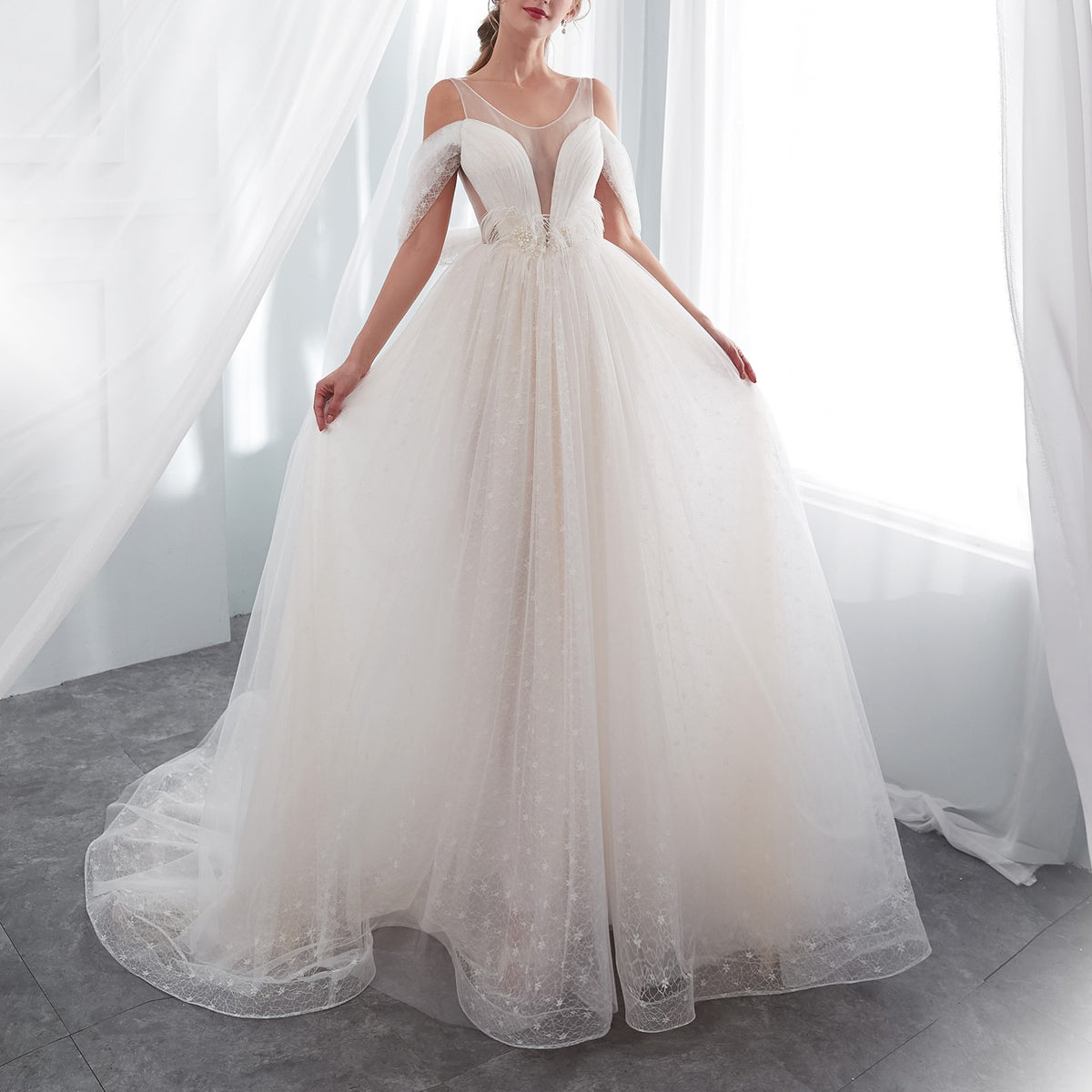 7-Day Dispatch Spaghetti Strap Illusion Deep V-Neck Ivory Sparkly Tulle A-Line Wedding Dress Draped Sleeve Lace-up Back Bridal Gown