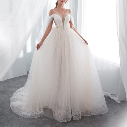 7-Day Dispatch Spaghetti Strap Illusion Deep V-Neck Ivory Sparkly Tulle A-Line Wedding Dress Draped Sleeve Lace-up Back Bridal Gown
