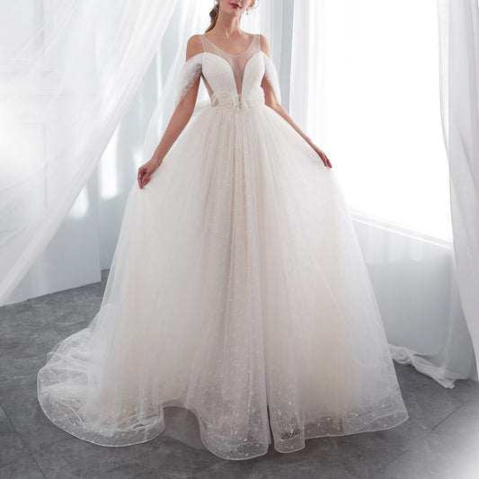 7-Day Dispatch Spaghetti Strap Illusion Deep V-Neck Ivory Sparkly Tulle A-Line Wedding Dress Draped Sleeve Lace-up Back Bridal Gown