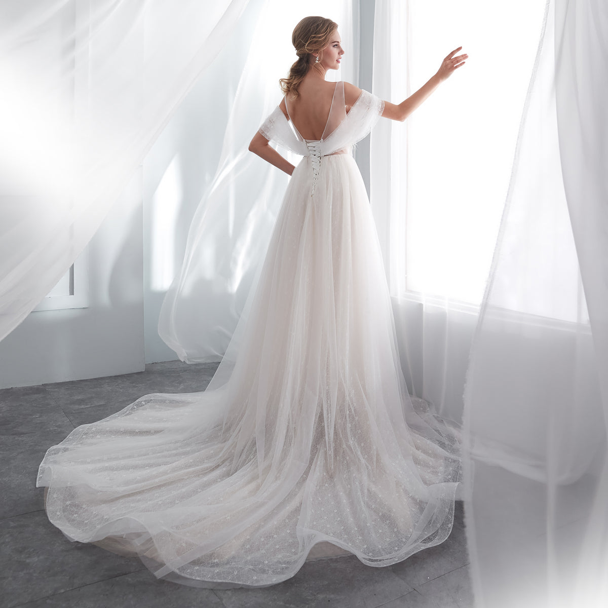 7-Day Dispatch Spaghetti Strap Illusion Deep V-Neck Ivory Sparkly Tulle A-Line Wedding Dress Draped Sleeve Lace-up Back Bridal Gown