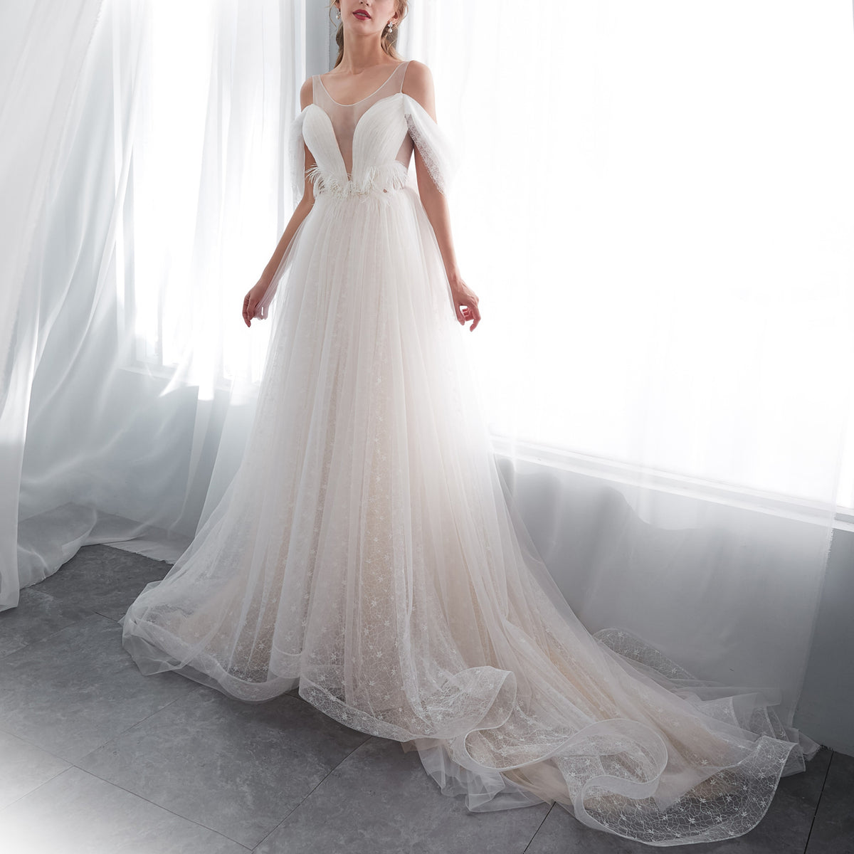 7-Day Dispatch Spaghetti Strap Illusion Deep V-Neck Ivory Sparkly Tulle A-Line Wedding Dress Draped Sleeve Lace-up Back Bridal Gown