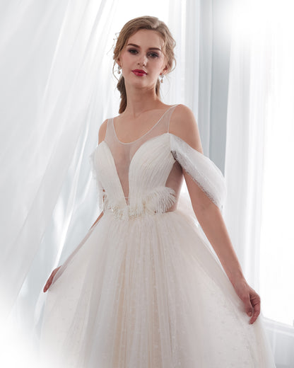 7-Day Dispatch Spaghetti Strap Illusion Deep V-Neck Ivory Sparkly Tulle A-Line Wedding Dress Draped Sleeve Lace-up Back Bridal Gown