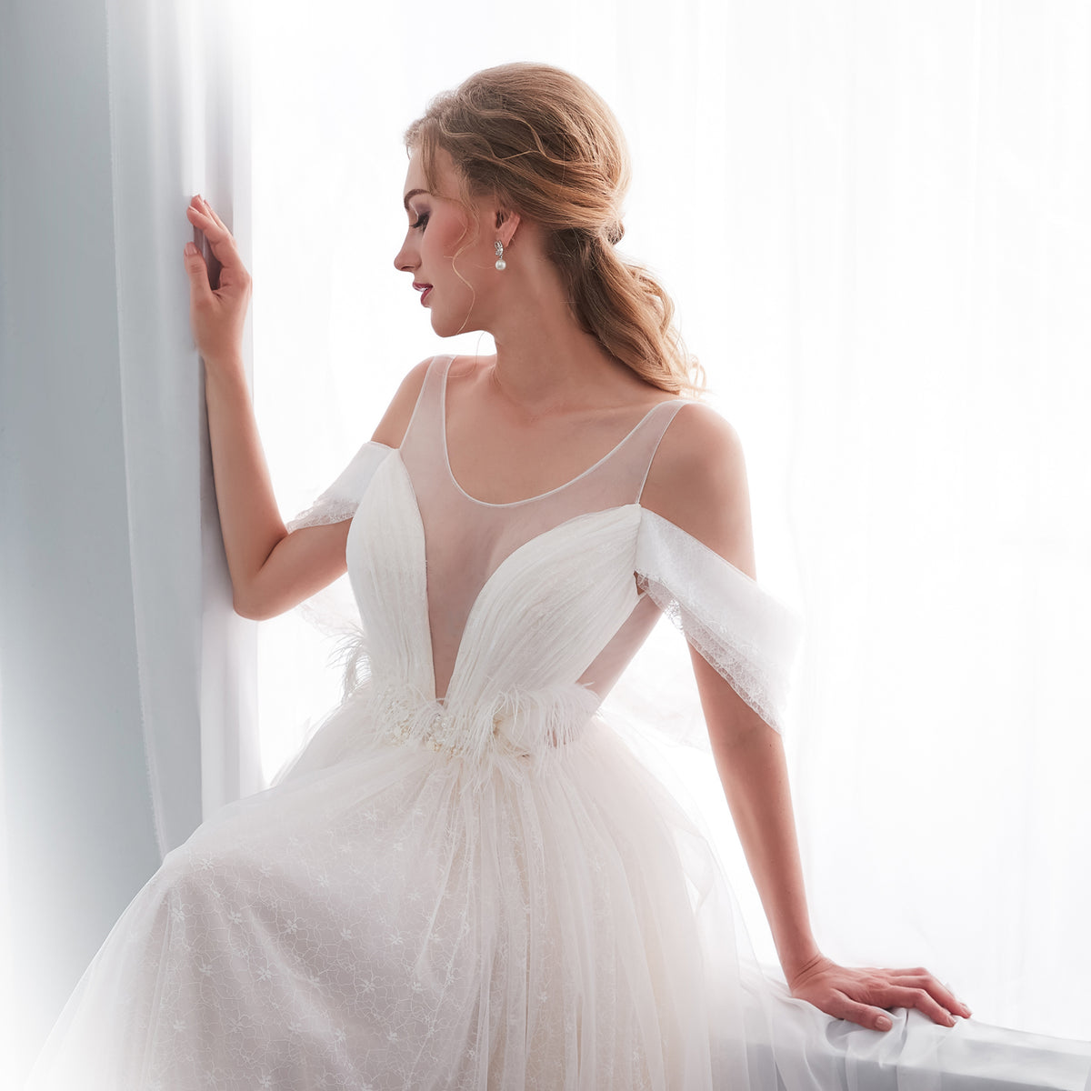 7-Day Dispatch Spaghetti Strap Illusion Deep V-Neck Ivory Sparkly Tulle A-Line Wedding Dress Draped Sleeve Lace-up Back Bridal Gown