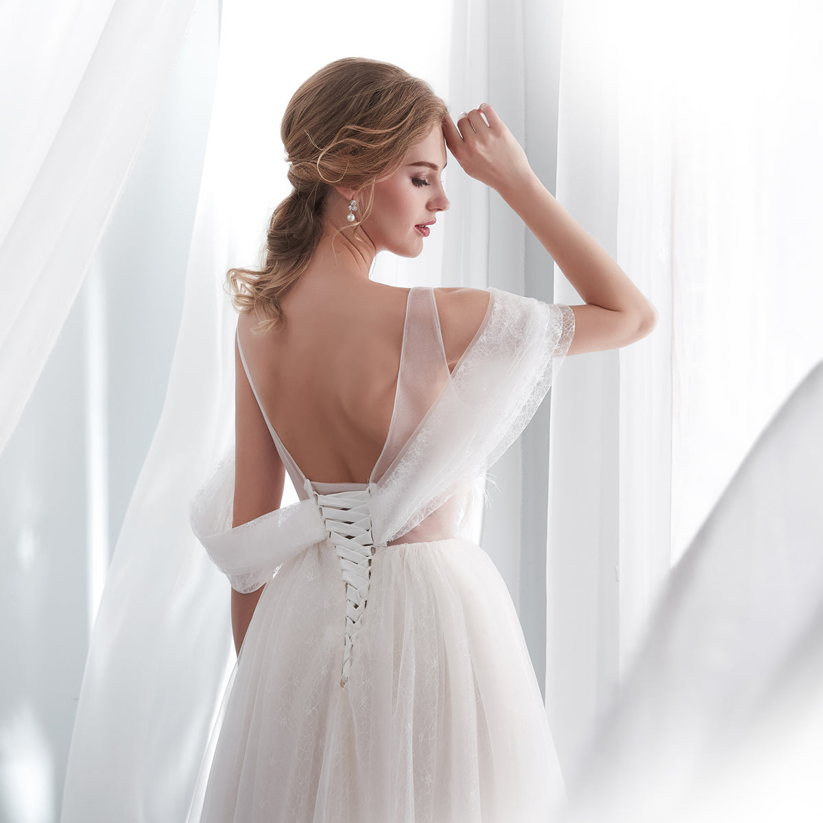 7-Day Dispatch Spaghetti Strap Illusion Deep V-Neck Ivory Sparkly Tulle A-Line Wedding Dress Draped Sleeve Lace-up Back Bridal Gown