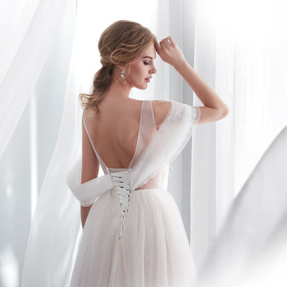 7-Day Dispatch Spaghetti Strap Illusion Deep V-Neck Ivory Sparkly Tulle A-Line Wedding Dress Draped Sleeve Lace-up Back Bridal Gown