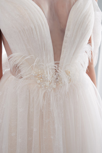 7-Day Dispatch Spaghetti Strap Illusion Deep V-Neck Ivory Sparkly Tulle A-Line Wedding Dress Draped Sleeve Lace-up Back Bridal Gown